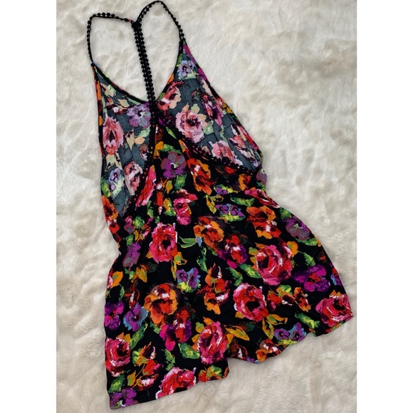 v neck neon floral/multicolor open back romper - Picture 2 of 8